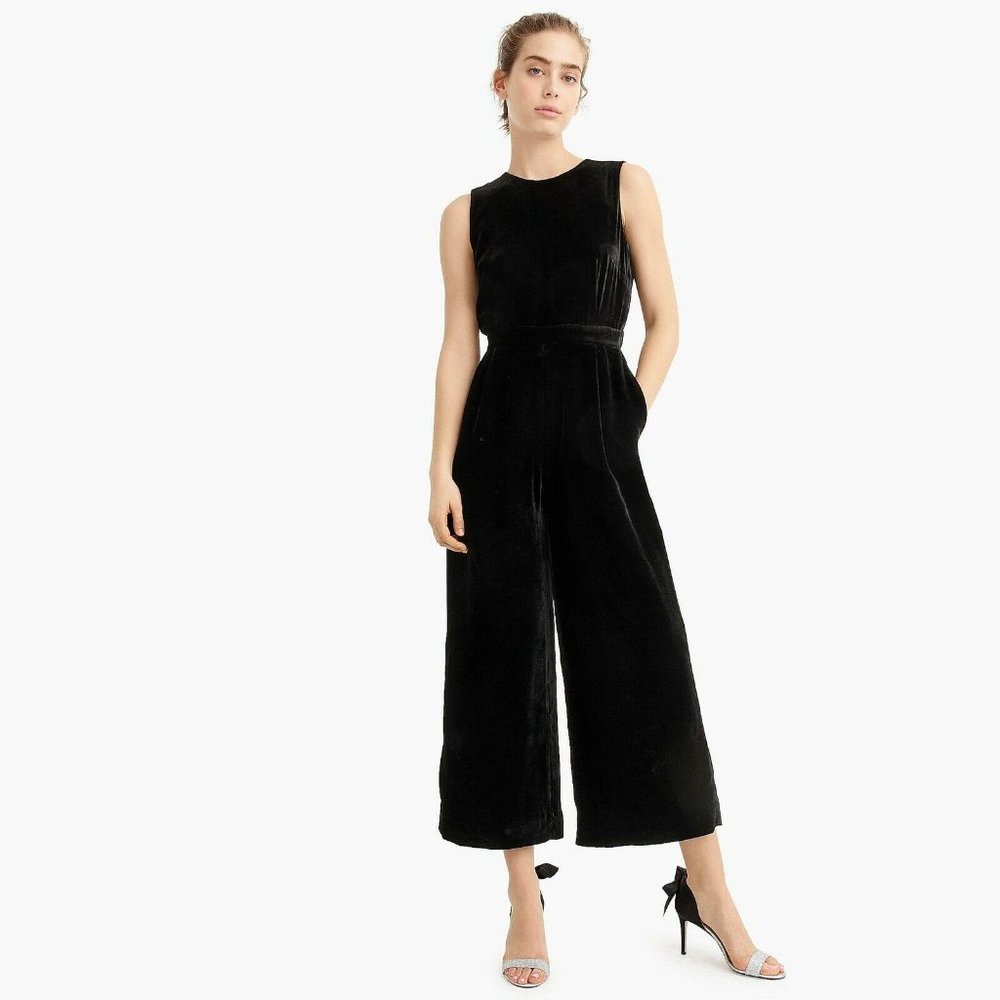 J Crew Wrap Back Cropped Velvet Jumpsuit Black Festive Formal 10